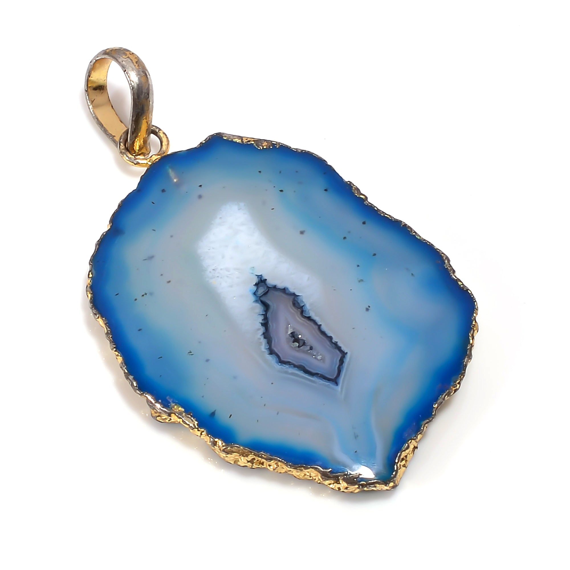 Blue Botswana Agate Druzy Gemstone Silver Pendant Birthstone Jewelry For Helping To Restore Balance And Provide Protection 