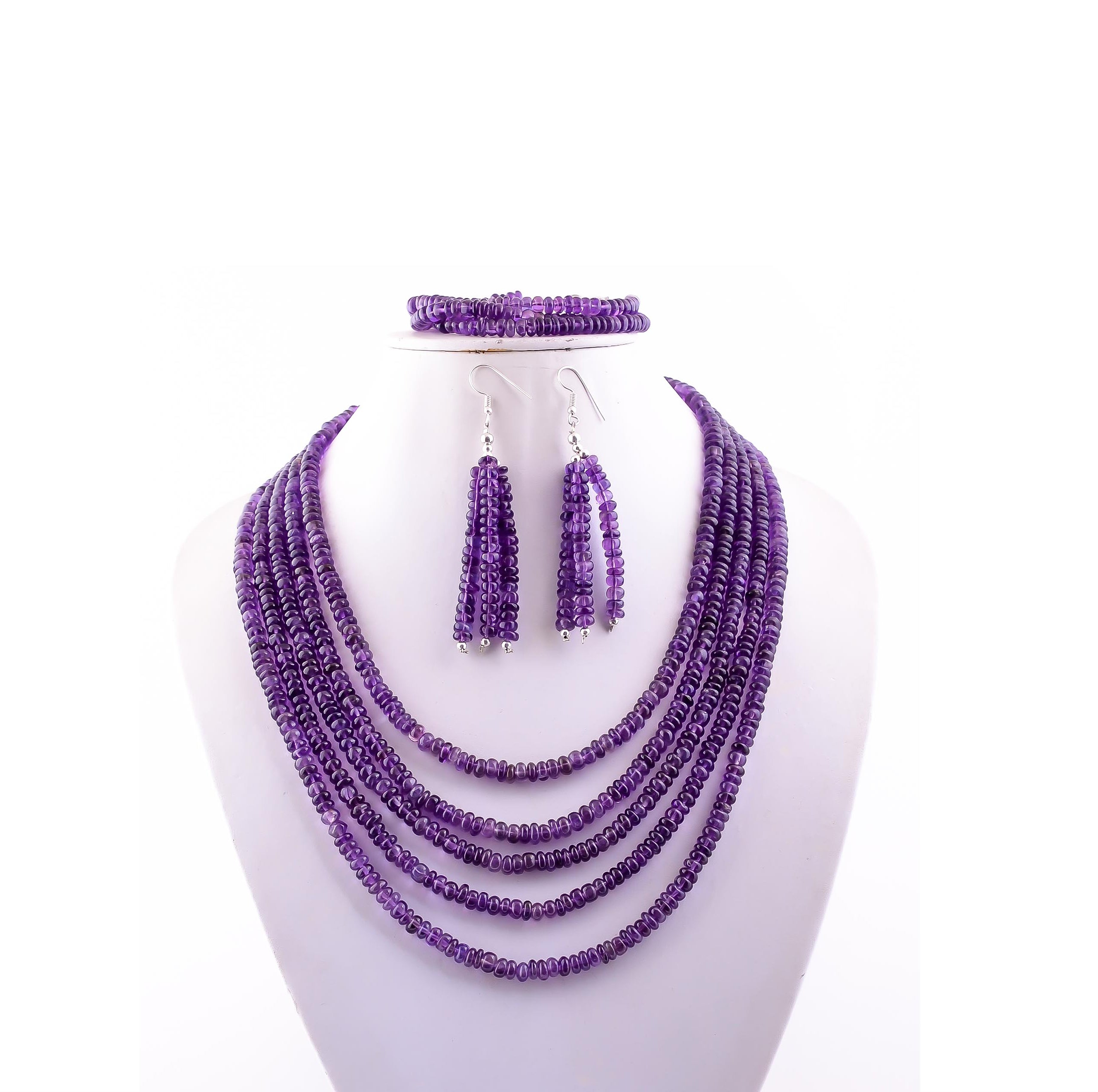 African Amethyst Gemstone Rondelle Shape Silver Necklace Set, Necklace, Bracelet & Earring February Birthstone Jewelry For Calm, Clarity And Focus 