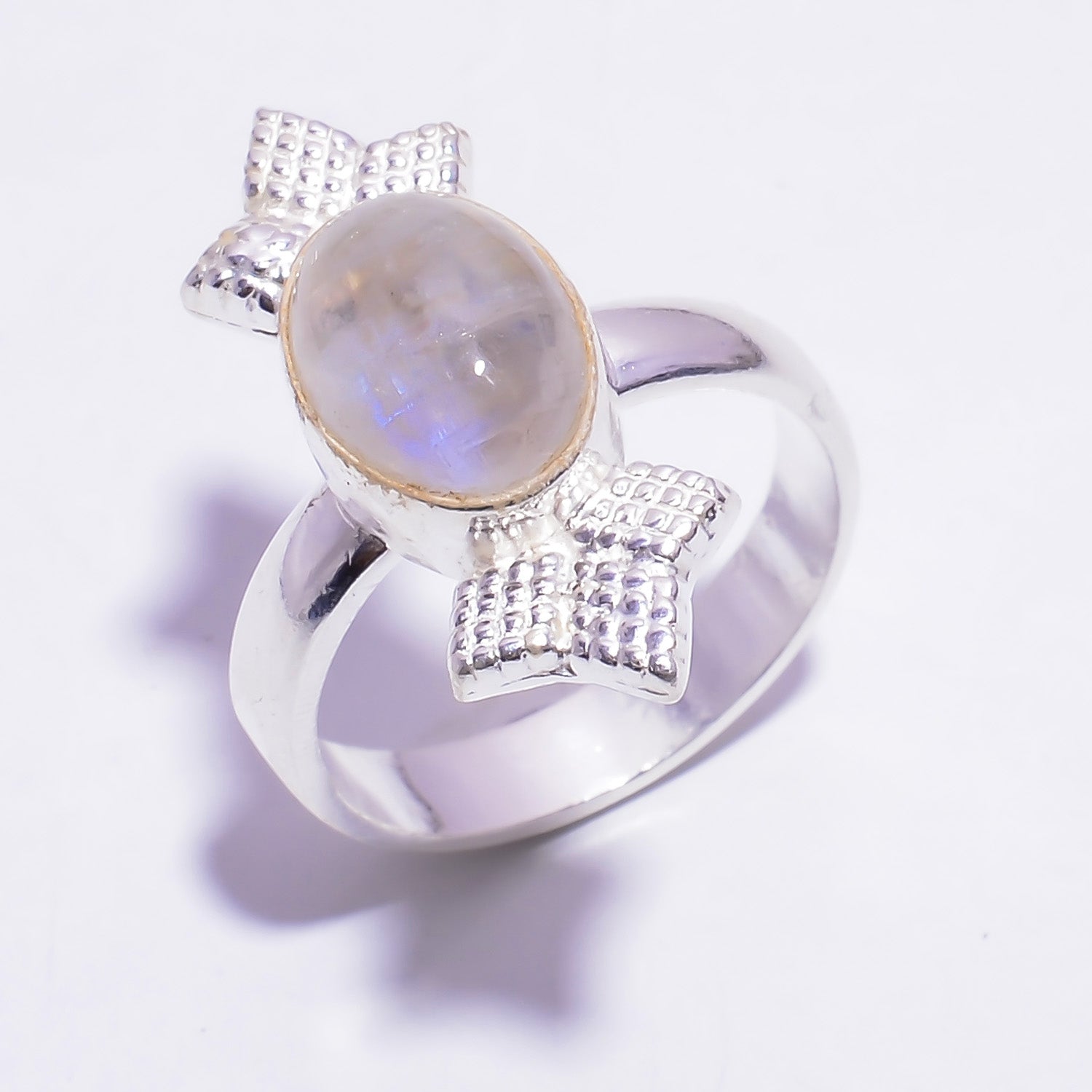 Natural White Rainbow Moonstone Statement Fine Gemstone Ring 