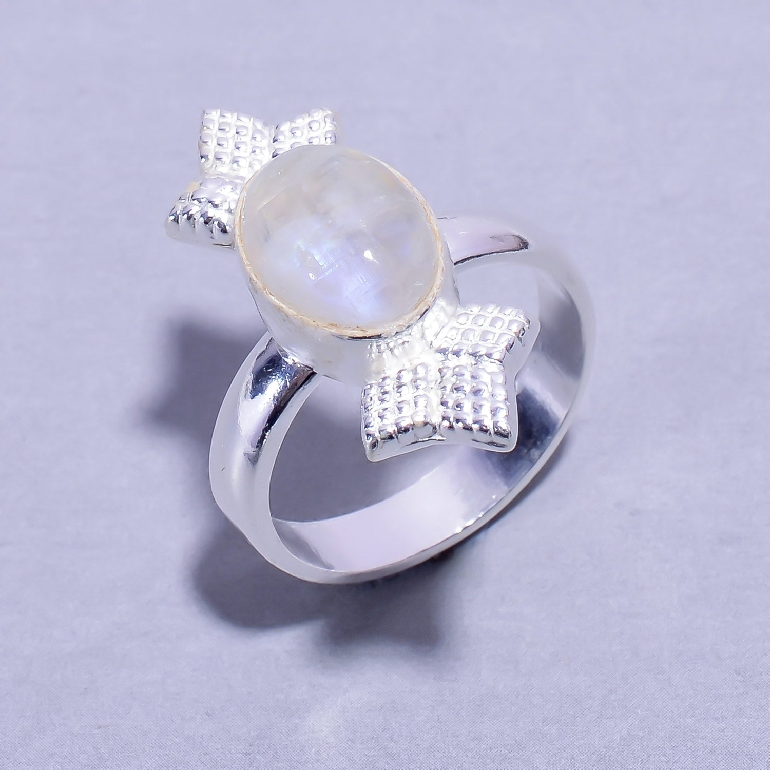 Natural White Rainbow Moonstone Statement Fine Gemstone Ring 