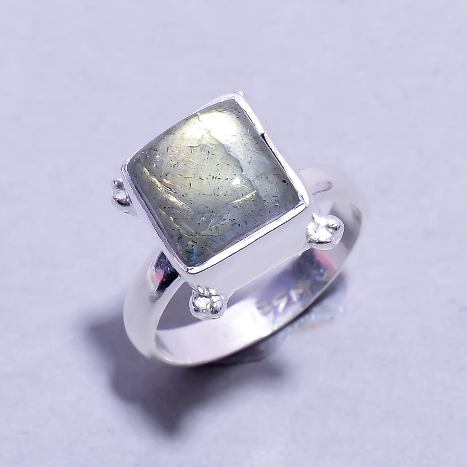 Natural Dark Gray Labradorite Solitaire Fine Gemstone Ring 