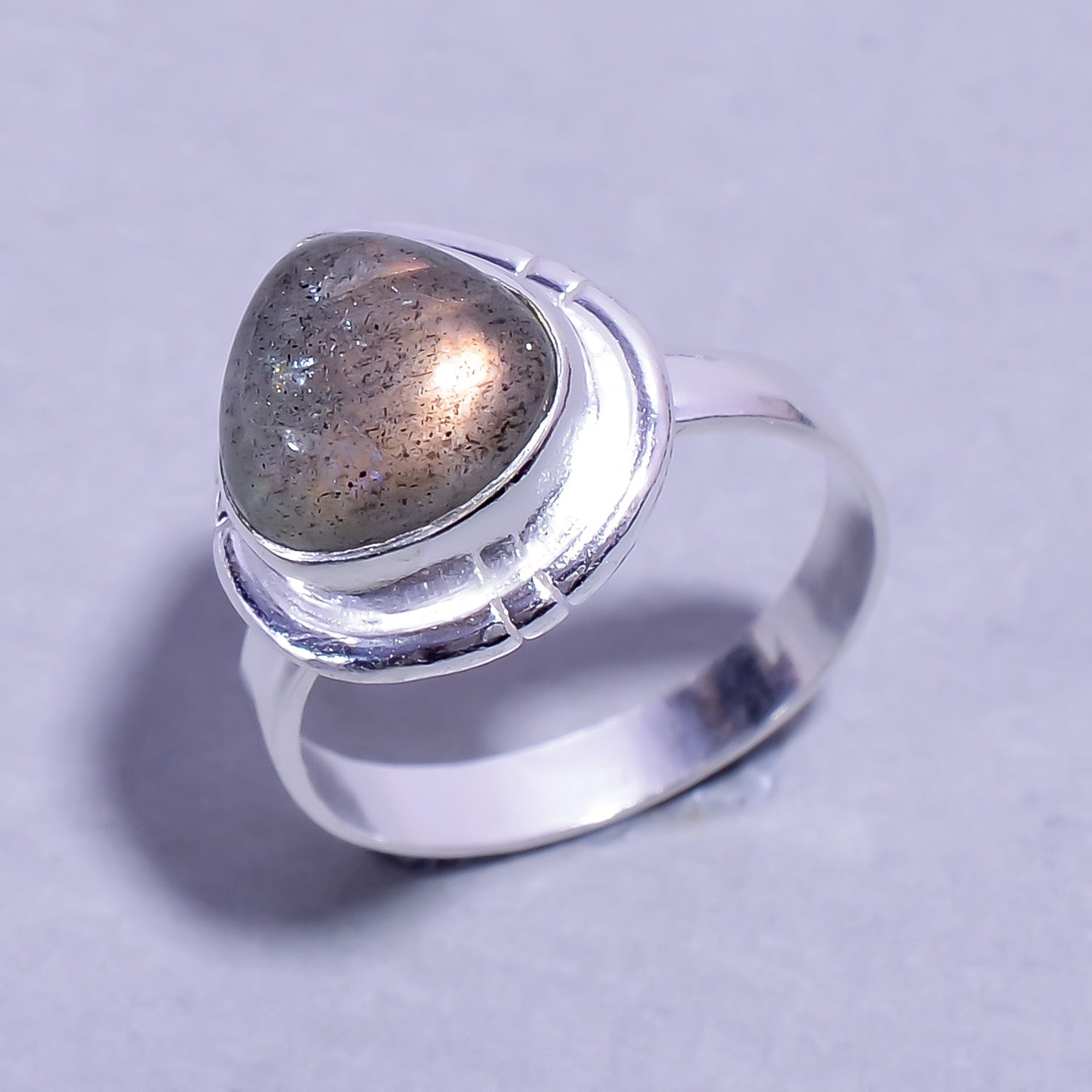 Natural Dark Gray Labradorite Solitaire Fine Gemstone Ring 