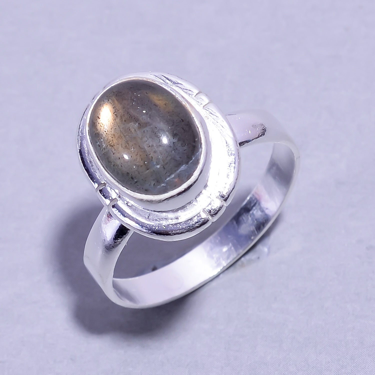 Natural Dark Gray Labradorite Statement Fine Gemstone Ring 