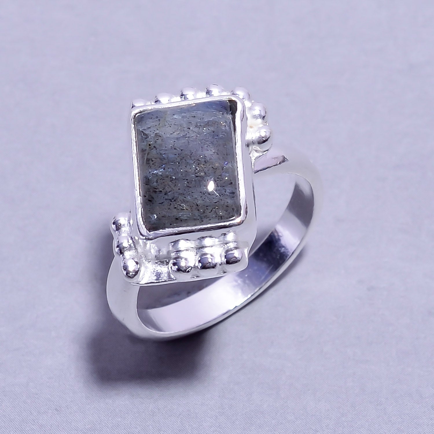 Natural Dark Gray Labradorite Stackable Fine Gemstone Ring 