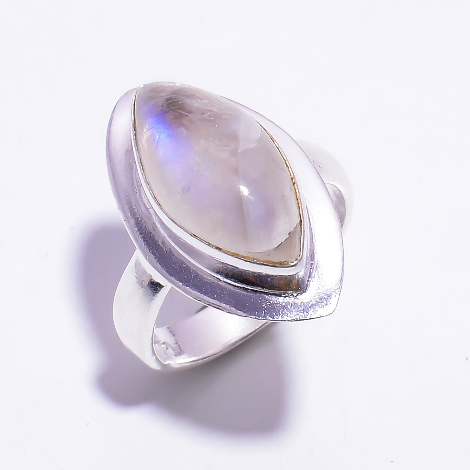 Natural White Rainbow Moonstone Stackable Fine Gemstone Ring 