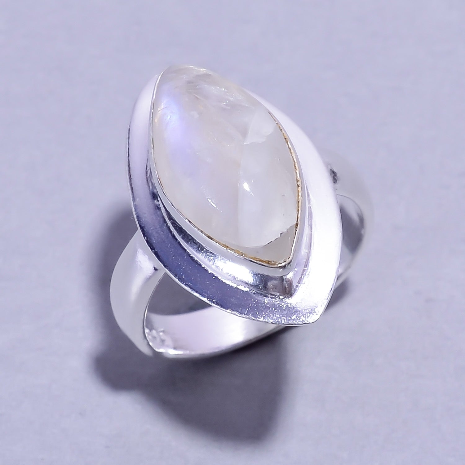 Natural White Rainbow Moonstone Stackable Fine Gemstone Ring 