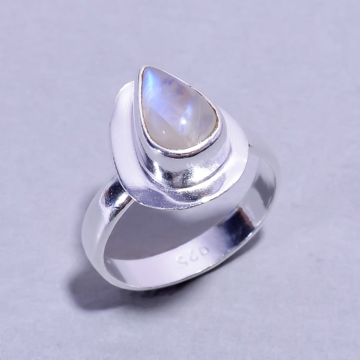 Natural White Rainbow Moonstone Stackable Fine Gemstone Ring 