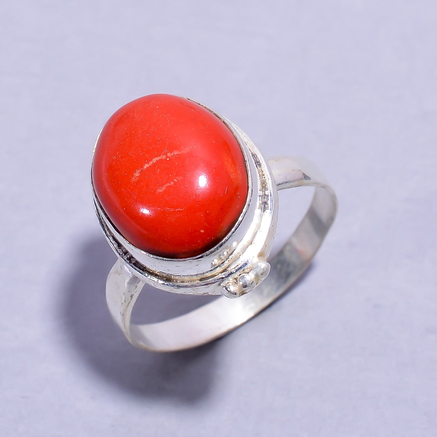 Natural Red Red Coral Solitaire Fine Gemstone Ring 