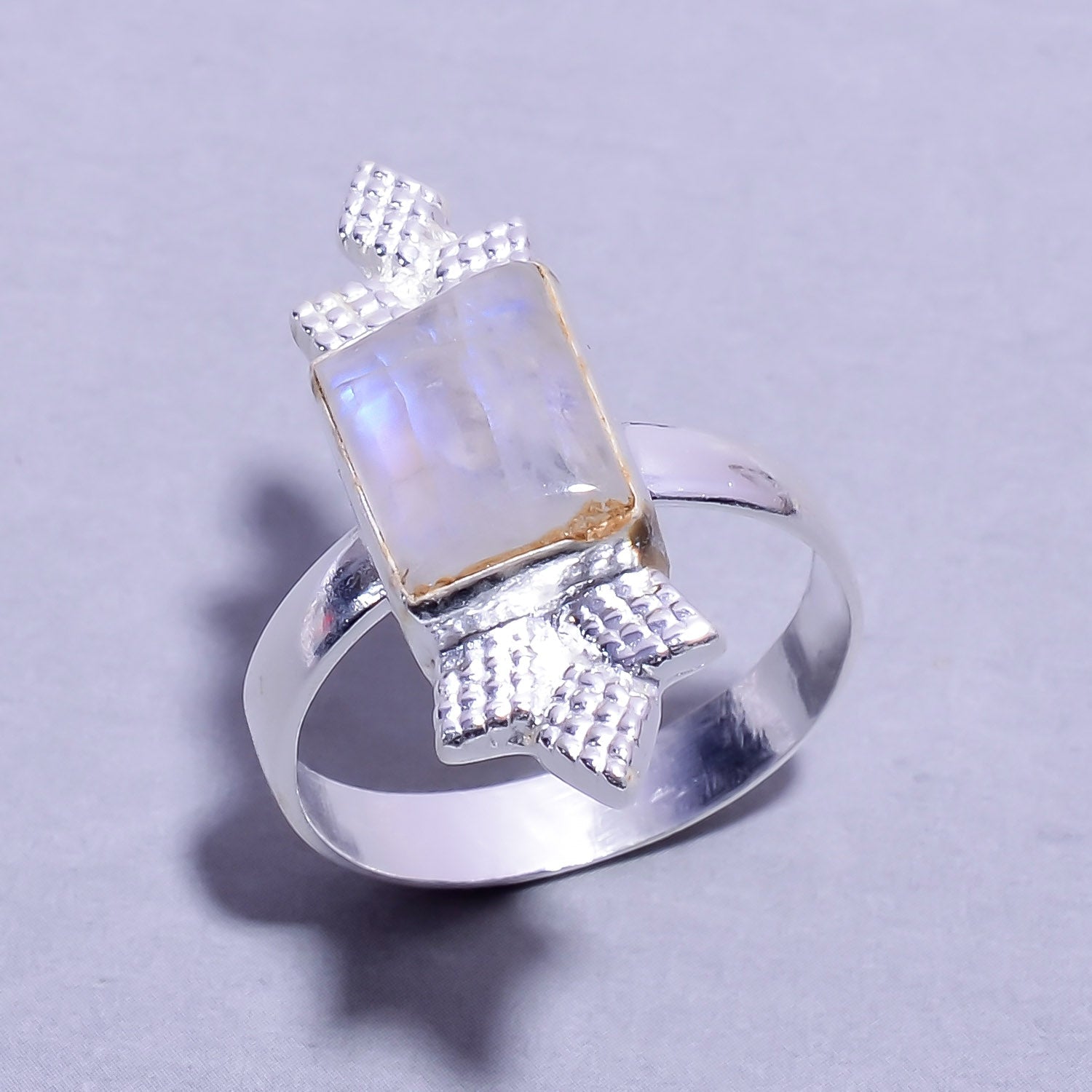 Natural White Rainbow Moonstone Statement Fine Gemstone Ring 