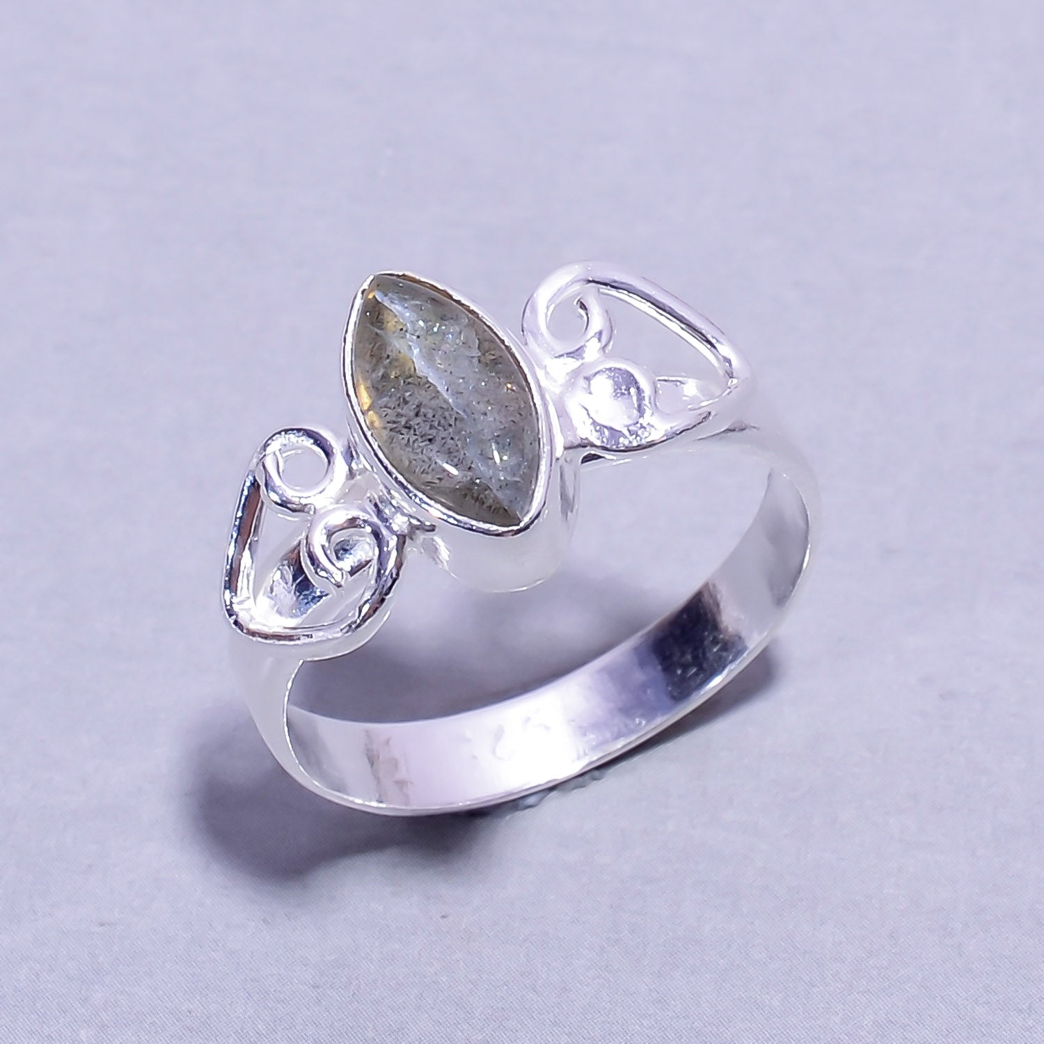 Natural Dark Gray Labradorite Solitaire Fine Gemstone Ring 