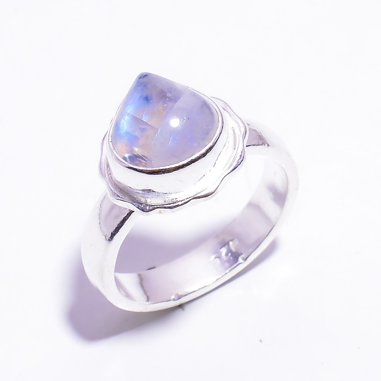 Natural White Rainbow Moonstone Solitaire Fine Gemstone Ring 