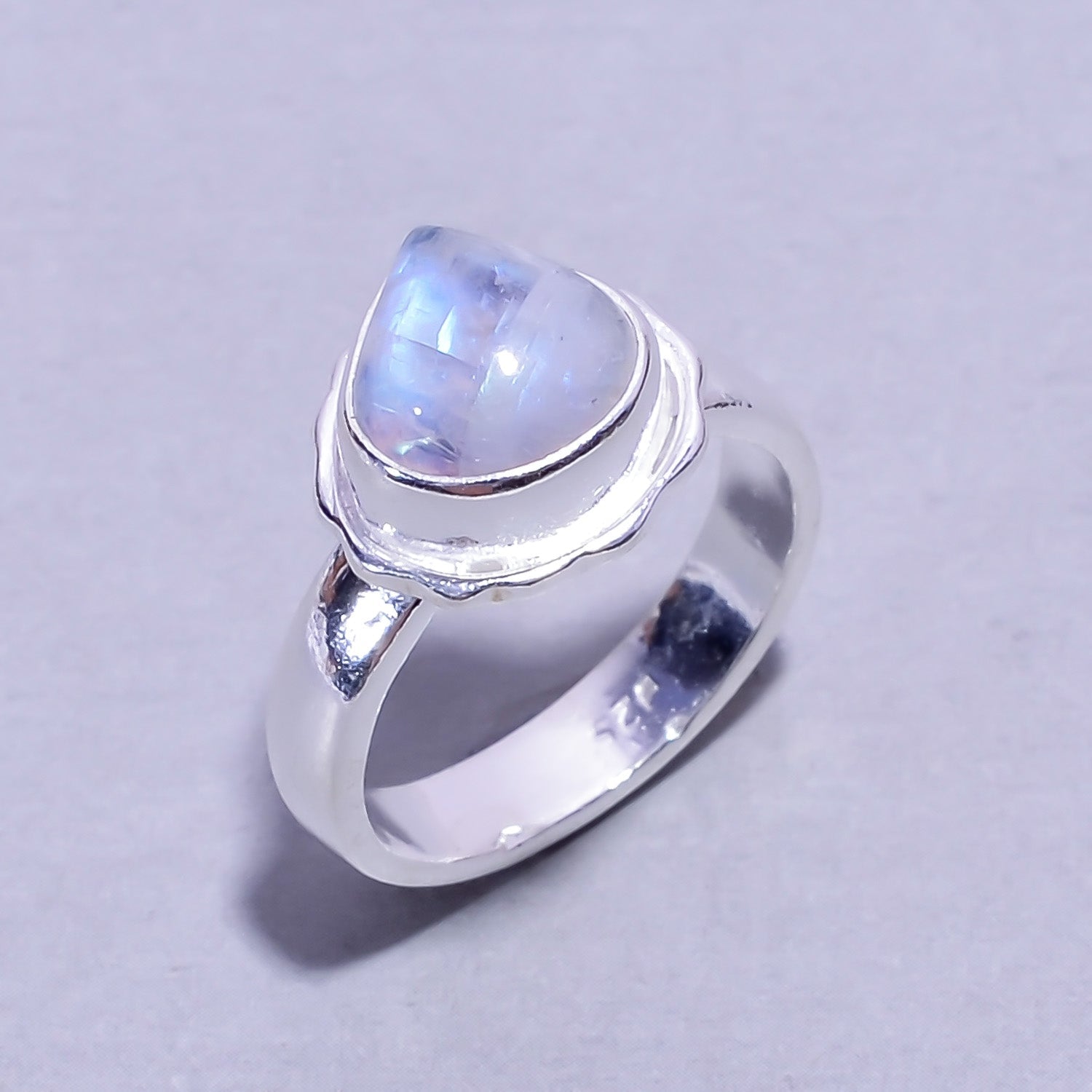 Natural White Rainbow Moonstone Solitaire Fine Gemstone Ring 