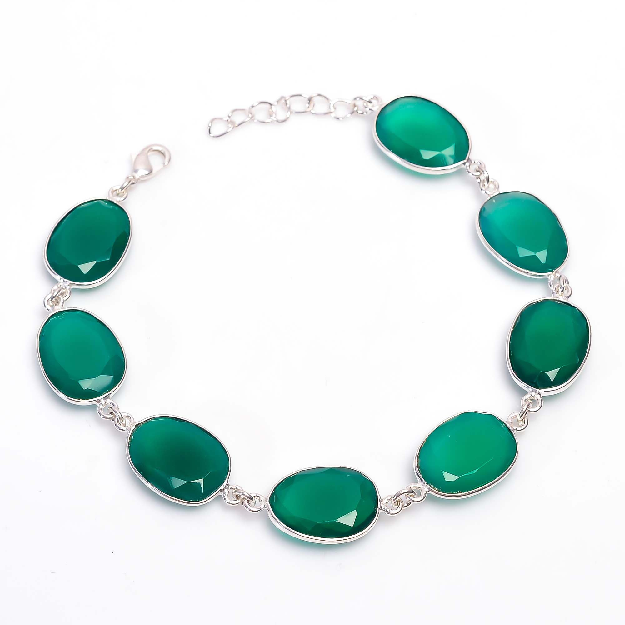 Green Onyx Gemstone Oval Shape Silver Bracelet Jewelry For Strength, Healing And Protection 