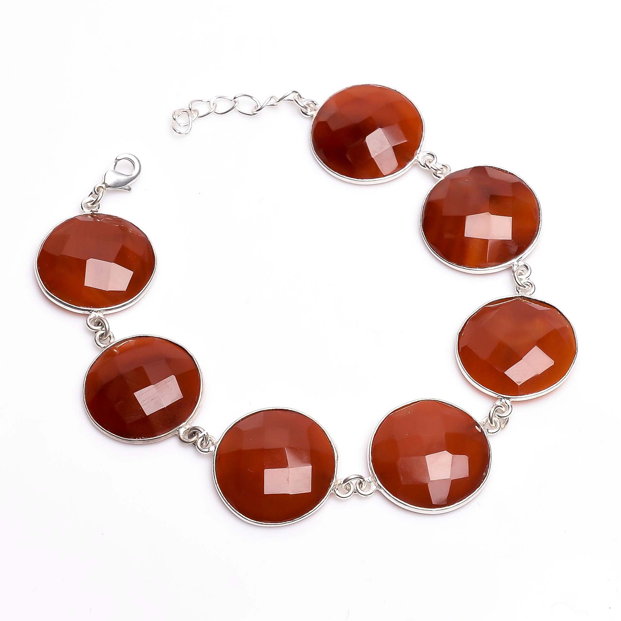 Carnelian Gemstone Coin Shape Silver Bracelet July Birthstone Jewelry For Energy, Creativity And Courage 