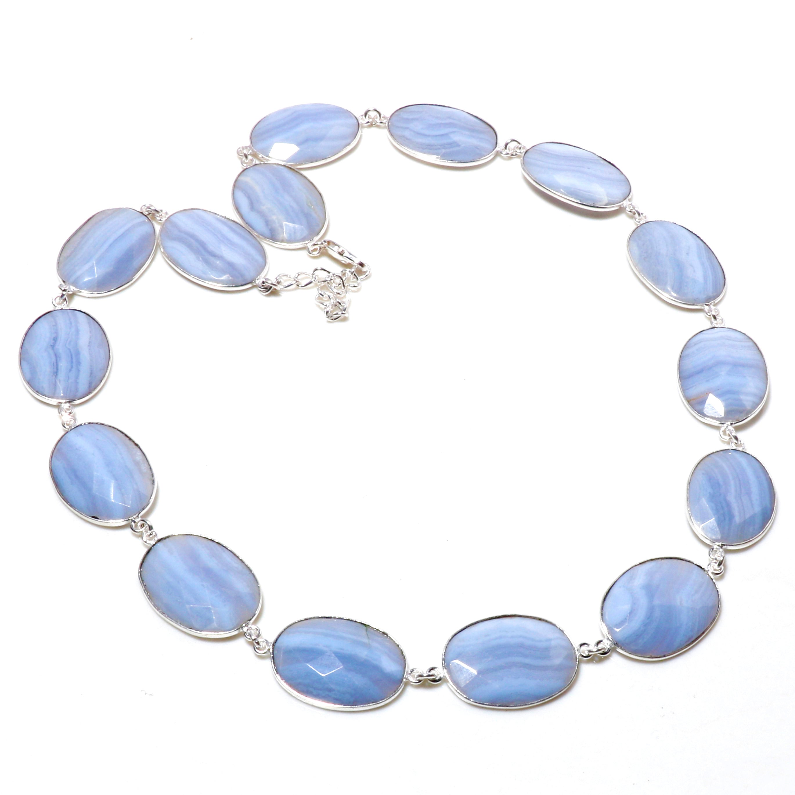 Natural Blue Lace Agate Beaded Fine Gemstone Necklace 