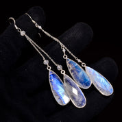 Natural Sky Blue Rainbow Moonstone Drop/Dangle Fine Gemstone Earrings 