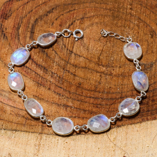 Natural Sky Blue Rainbow Moonstone Statement Fine Gemstone Bracelet 