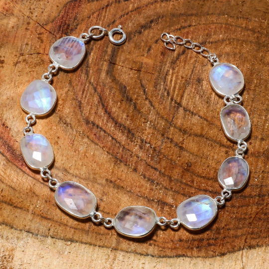 Natural Sky Blue Rainbow Moonstone Chain Fine Gemstone Bracelet 