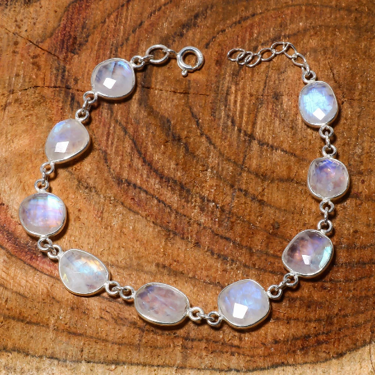 Natural Sky Blue Rainbow Moonstone Tennis Fine Gemstone Bracelet 