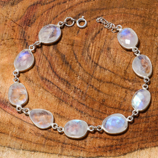 Natural Sky Blue Rainbow Moonstone Beaded Fine Gemstone Bracelet 