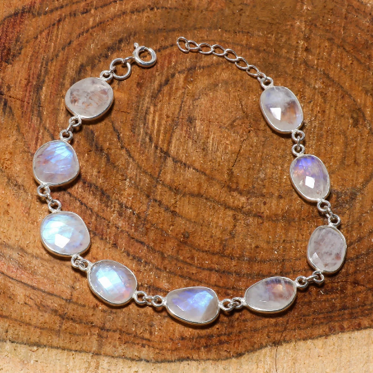 Natural Sky Blue Rainbow Moonstone Friendship Fine Gemstone Bracelet 