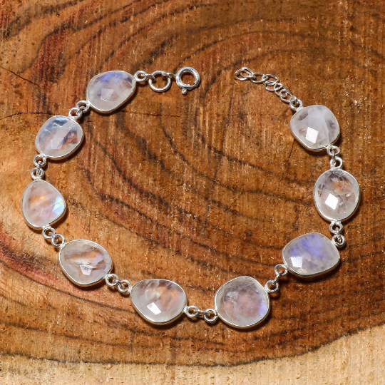 Natural Sky Blue Rainbow Moonstone Chain Fine Gemstone Bracelet 