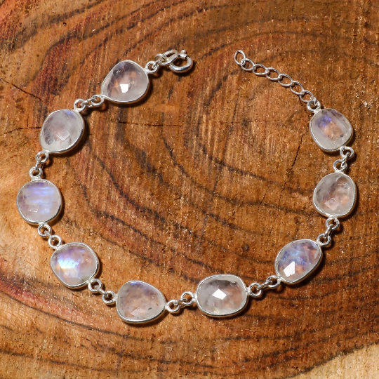 Natural Sky Blue Rainbow Moonstone Tennis Fine Gemstone Bracelet 