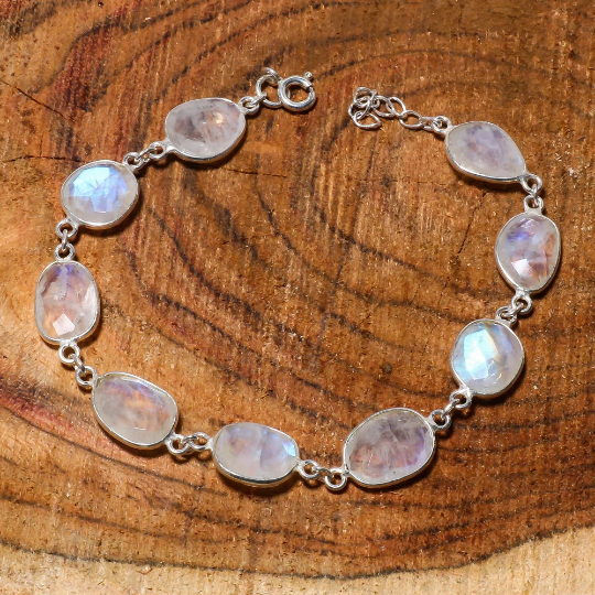 Natural Sky Blue Rainbow Moonstone Beaded Fine Gemstone Bracelet 