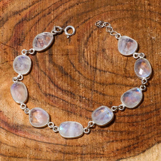 Natural Sky Blue Rainbow Moonstone Friendship Fine Gemstone Bracelet 