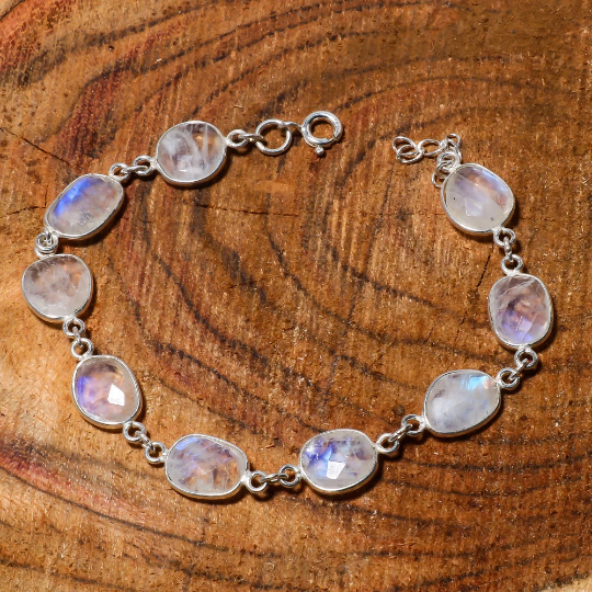 Natural Sky Blue Rainbow Moonstone Statement Fine Gemstone Bracelet 