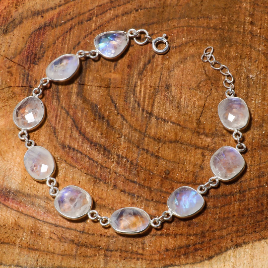 Natural Sky Blue Rainbow Moonstone Beaded Fine Gemstone Bracelet 