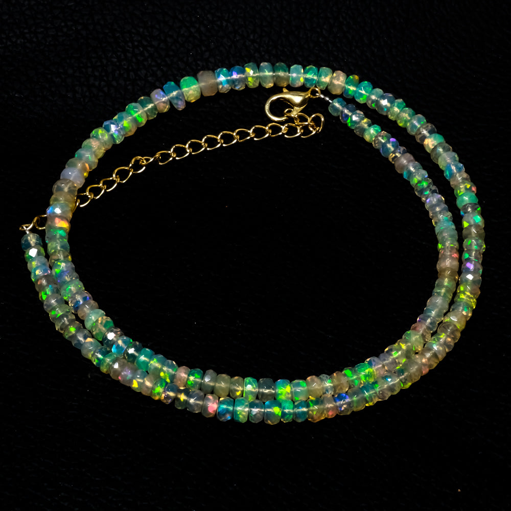 Natural Ethiopian Opal Rondelle Beads Necklace | Welo Fire Opal | 925 Sterling Silver Jewelry | October Birthstone | Flashy Crystals
