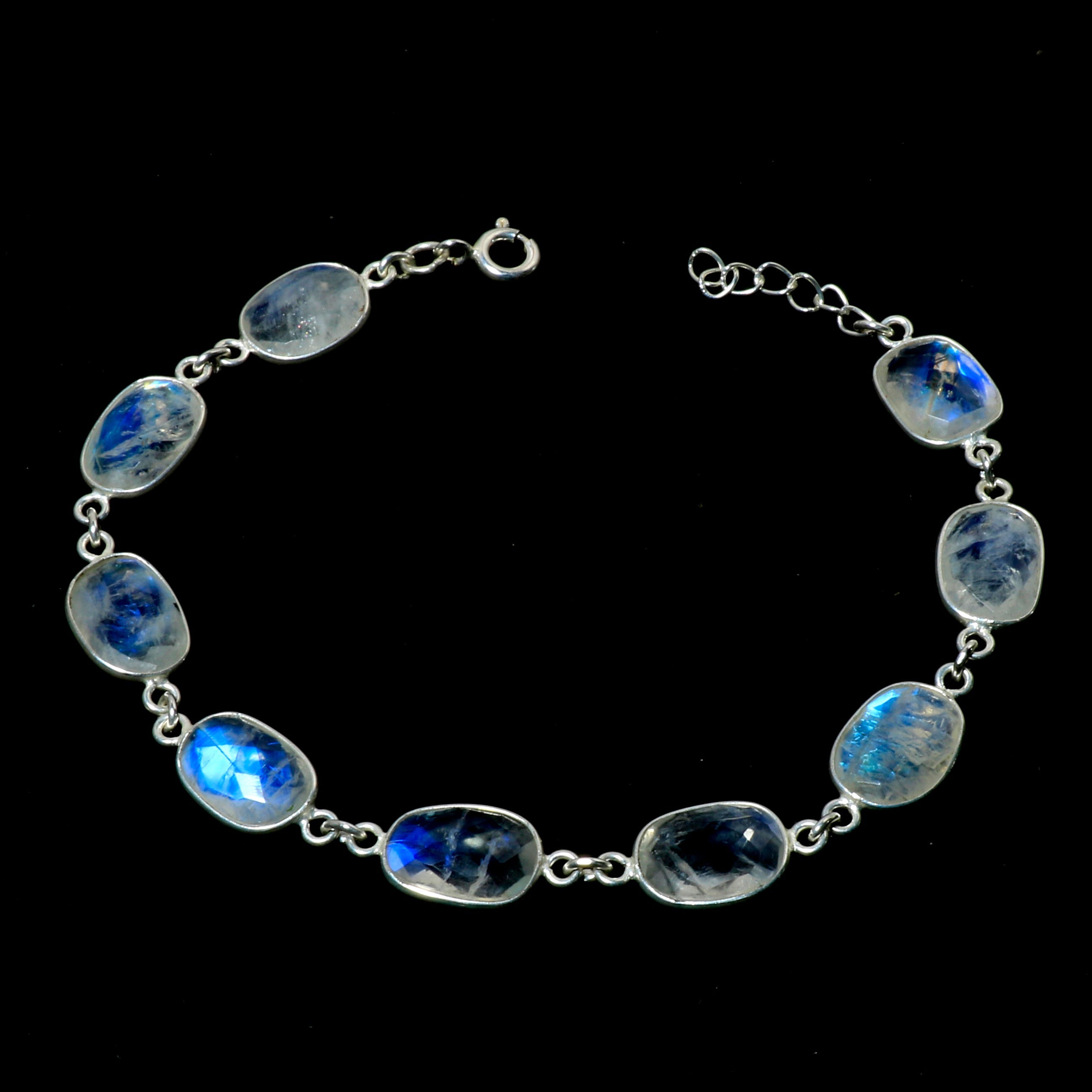 Natural White Rainbow moonstone Beaded Fine Gemstone Bracelet 