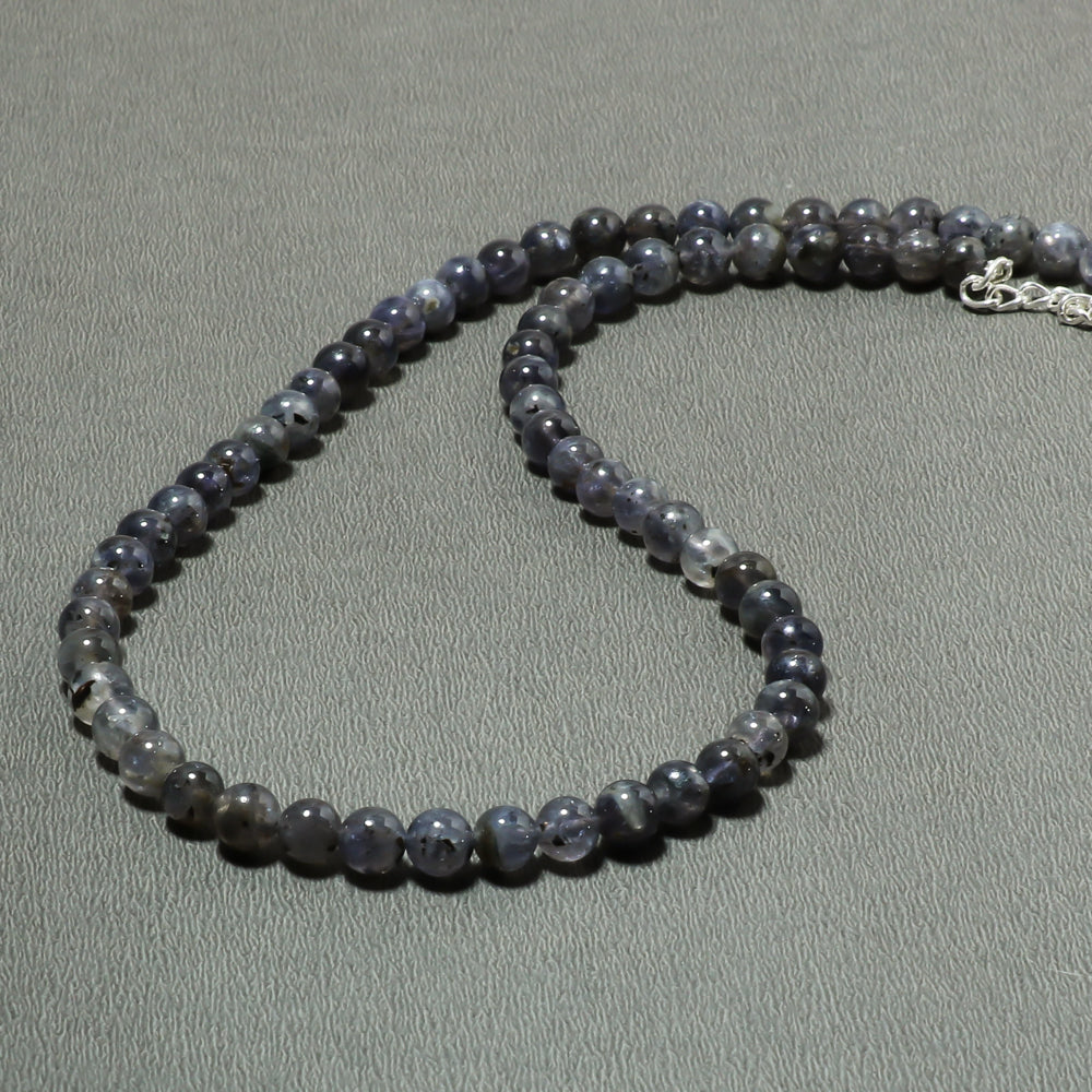 Natural Iolite Round Ball Beaded Necklace & Earrings | 925 Sterling Silver Adjustable Chain | September Birthstone | Necklace Set Jewelry