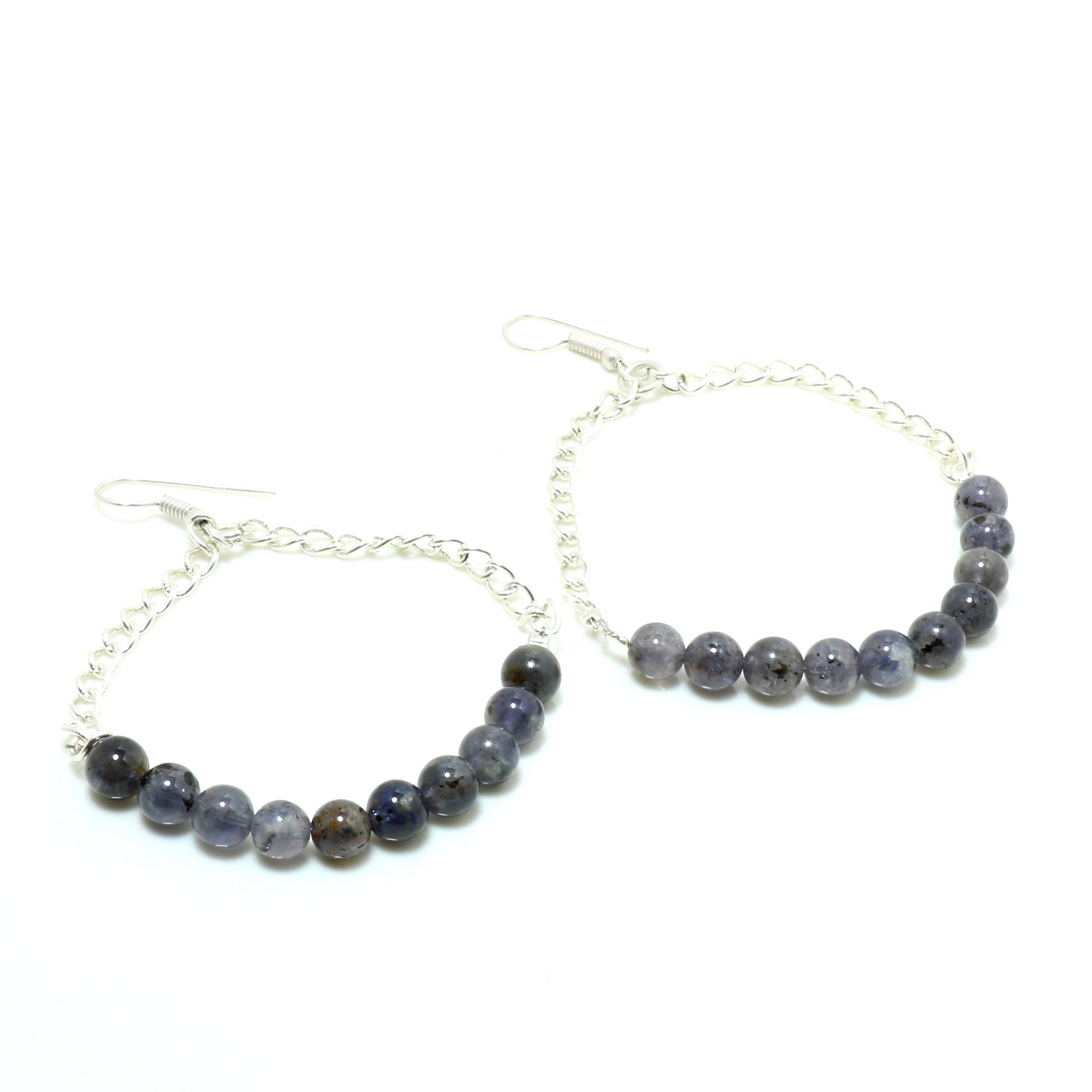 Natural Iolite Round Ball Beaded Necklace & Earrings | 925 Sterling Silver Adjustable Chain | September Birthstone | Necklace Set Jewelry