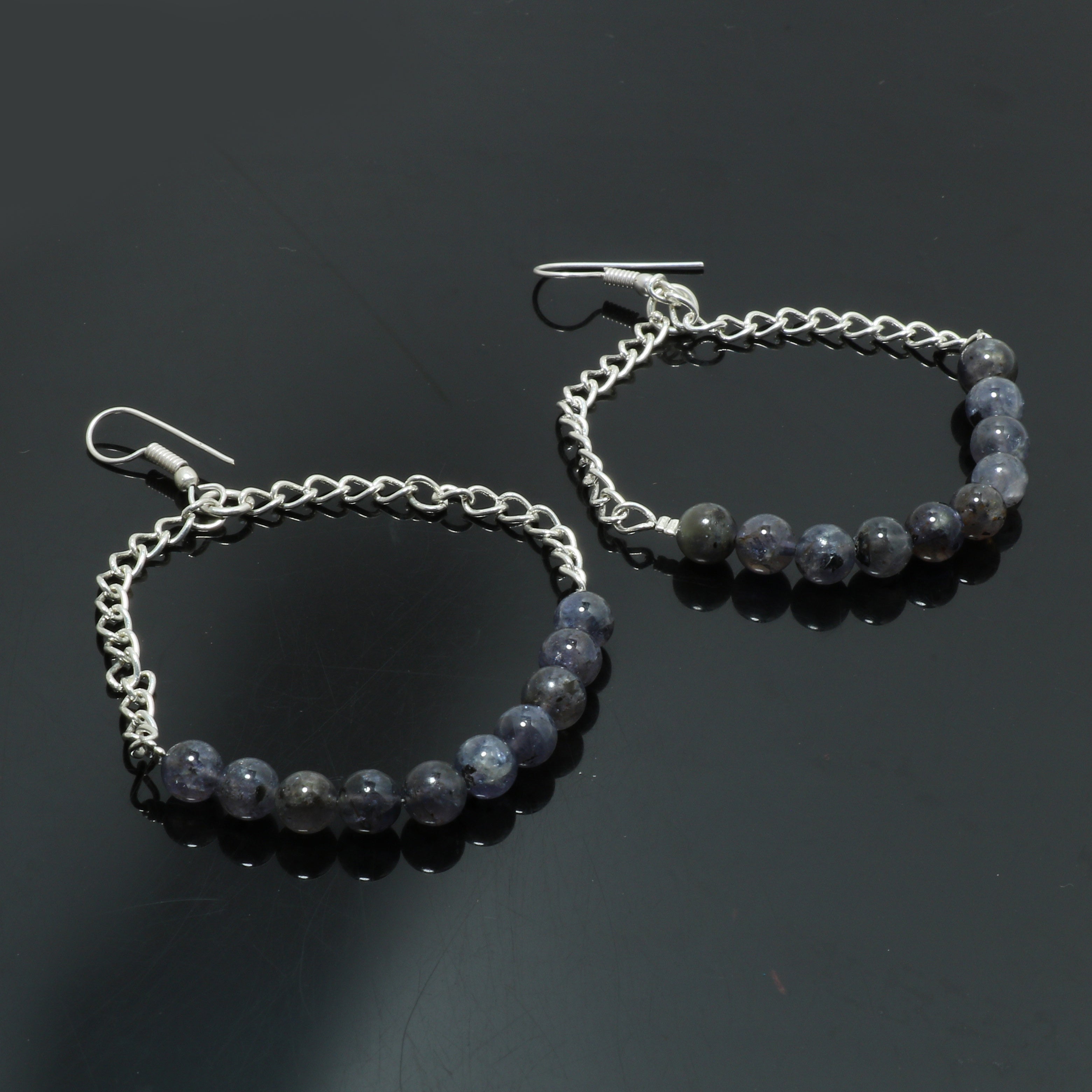 Natural Iolite Round Ball Beaded Necklace & Earrings | 925 Sterling Silver Adjustable Chain | September Birthstone | Necklace Set Jewelry