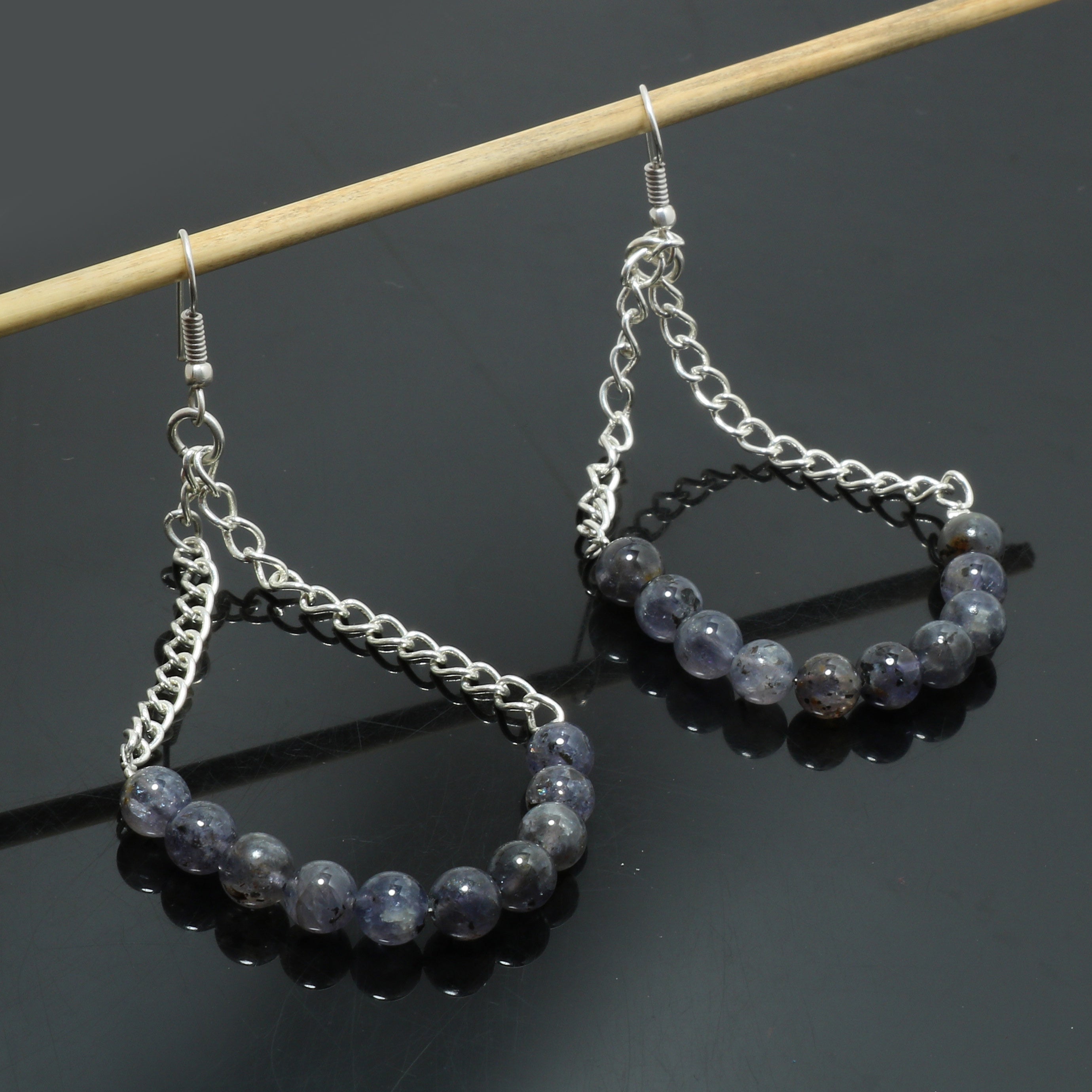 Natural Iolite Round Ball Beaded Necklace & Earrings | 925 Sterling Silver Adjustable Chain | September Birthstone | Necklace Set Jewelry