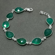 Natural Green Onyx Charm Bracelet | 925 Sterling Silver Adjustable Chain | May Birthstone | Pear Shape Onyx | Root Chakra