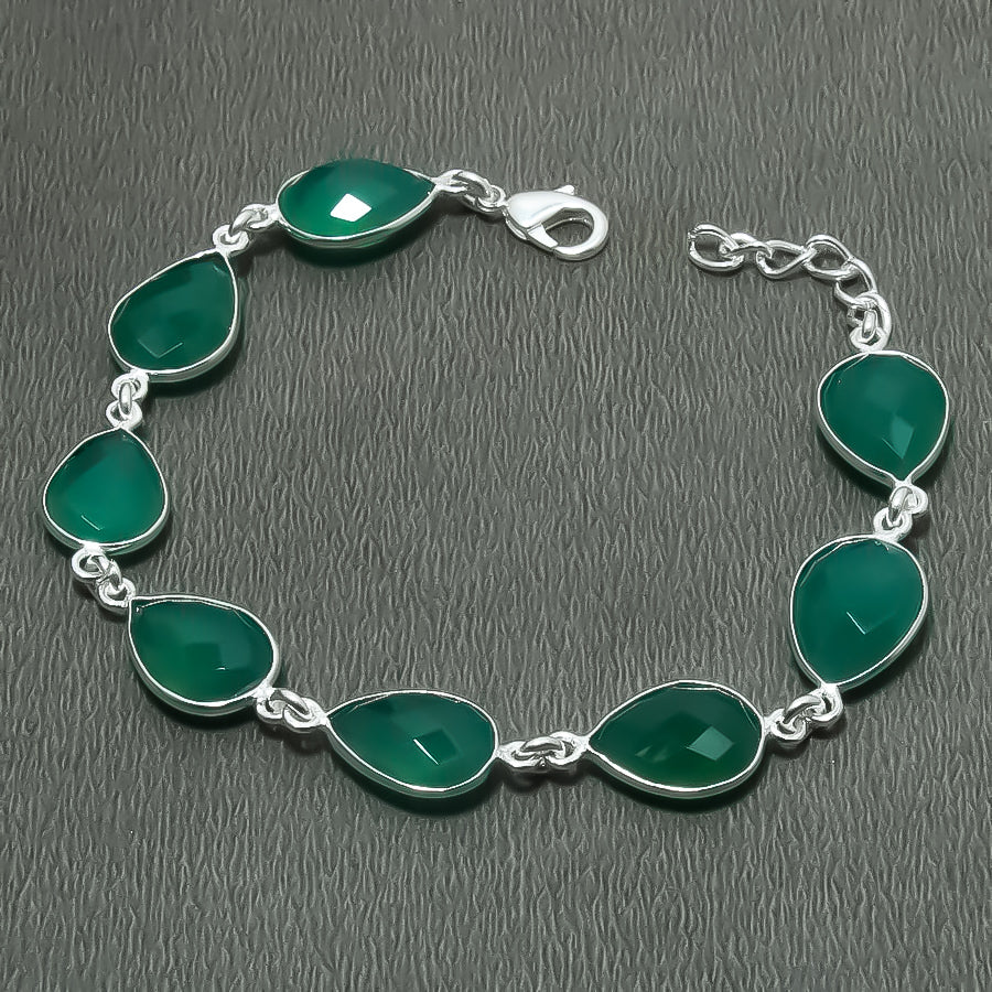 Natural Green Onyx Charm Bracelet | 925 Sterling Silver Adjustable Chain | May Birthstone | Pear Shape Onyx | Root Chakra