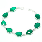 Natural Green Onyx Charm Bracelet | 925 Sterling Silver Adjustable Chain | May Birthstone | Pear Shape Onyx | Root Chakra