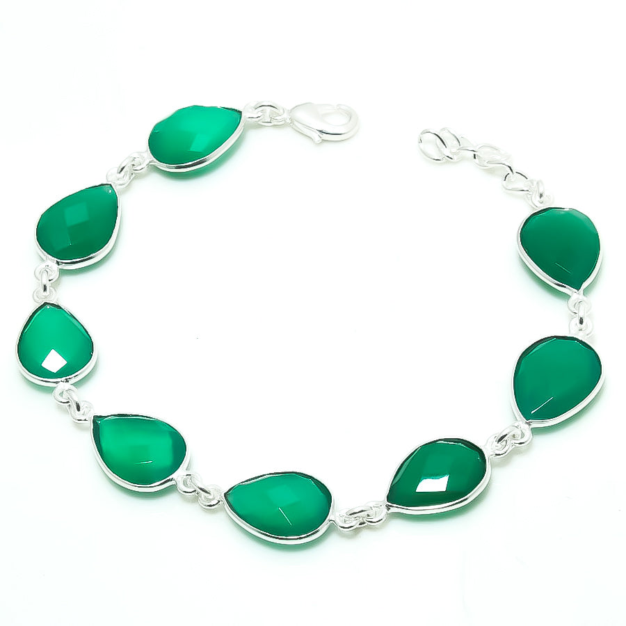Natural Green Onyx Charm Bracelet | 925 Sterling Silver Adjustable Chain | May Birthstone | Pear Shape Onyx | Root Chakra