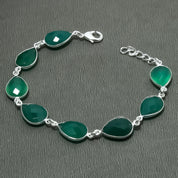 Natural Green Onyx Charm Bracelet | 925 Sterling Silver Adjustable Chain | May Birthstone | Pear Shape Onyx | Root Chakra