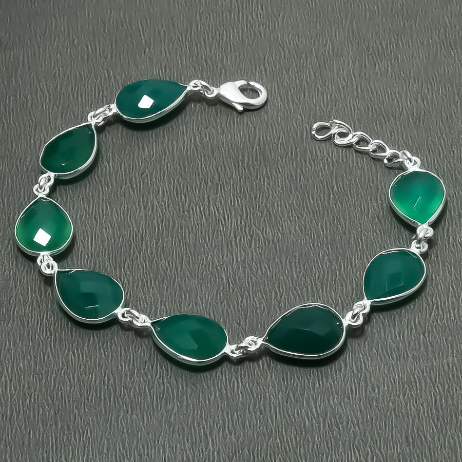 Natural Green Onyx Charm Bracelet | 925 Sterling Silver Adjustable Chain | May Birthstone | Pear Shape Onyx | Root Chakra