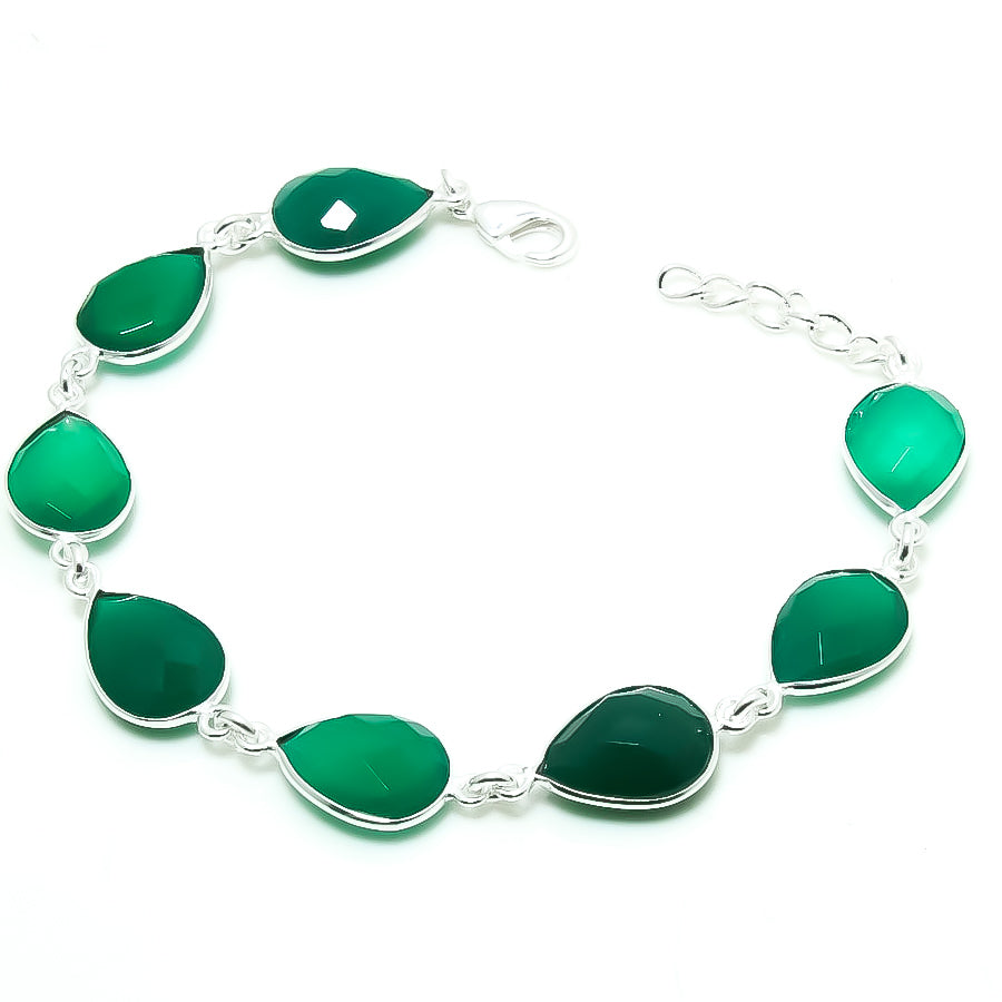 Natural Green Onyx Charm Bracelet | 925 Sterling Silver Adjustable Chain | May Birthstone | Pear Shape Onyx | Root Chakra