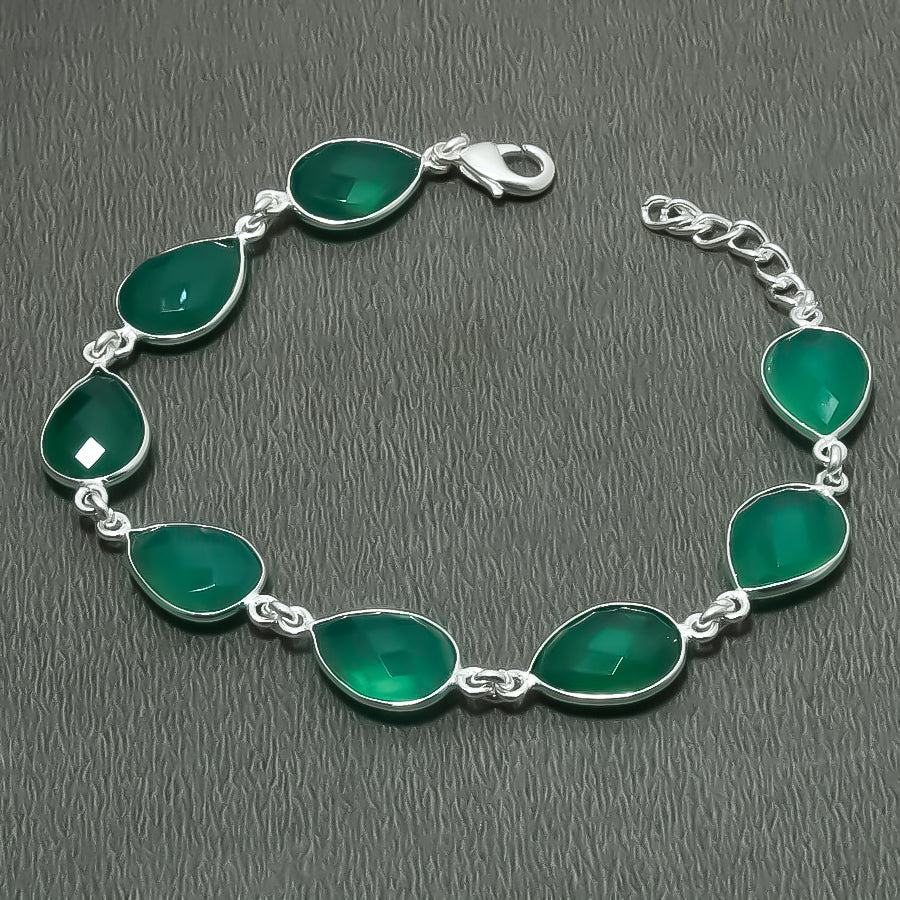 Natural Green Onyx Charm Bracelet | 925 Sterling Silver Adjustable Chain | May Birthstone | Pear Shape Onyx | Root Chakra