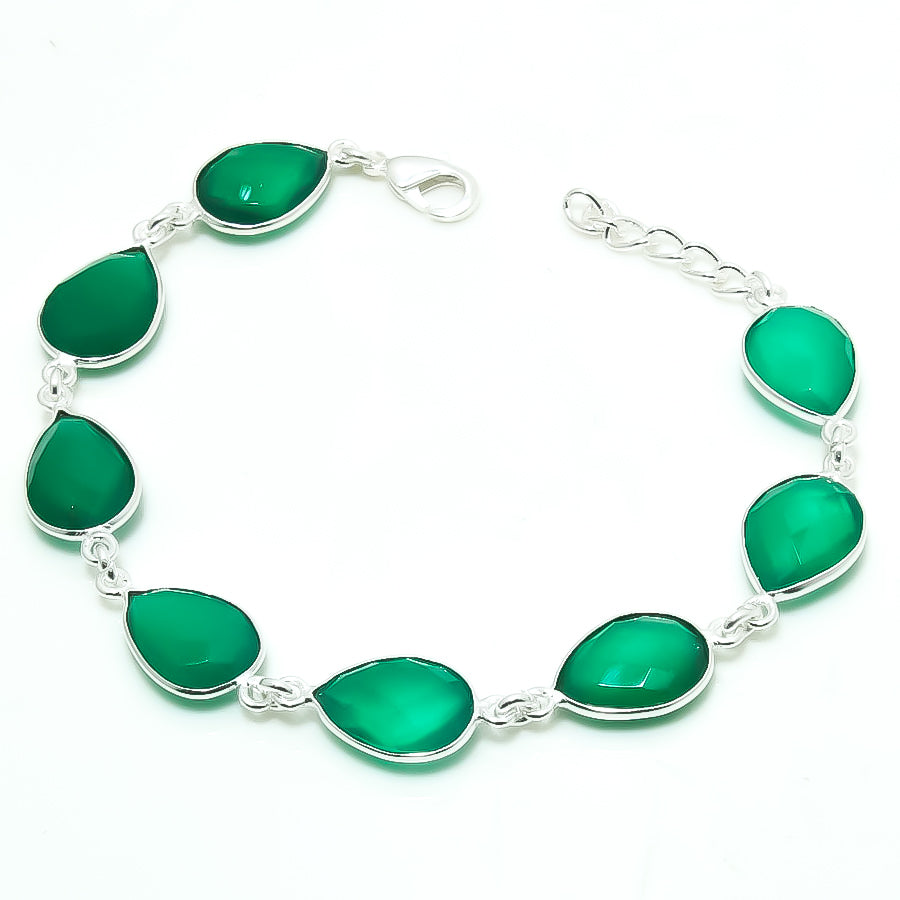 Natural Green Onyx Charm Bracelet | 925 Sterling Silver Adjustable Chain | May Birthstone | Pear Shape Onyx | Root Chakra
