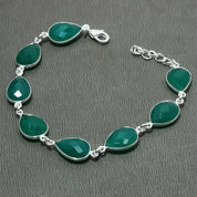Natural Green Onyx Charm Bracelet | 925 Sterling Silver Adjustable Chain | May Birthstone | Pear Shape Onyx | Root Chakra
