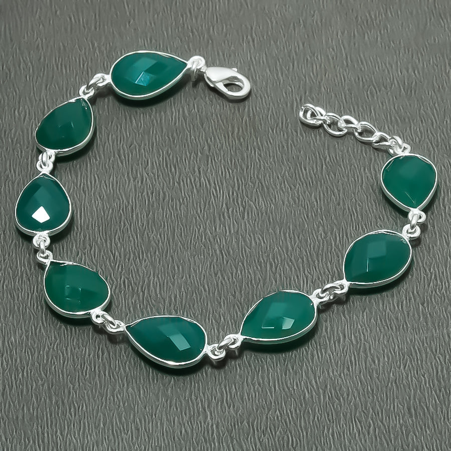 Natural Green Onyx Charm Bracelet | 925 Sterling Silver Adjustable Chain | May Birthstone | Pear Shape Onyx | Root Chakra