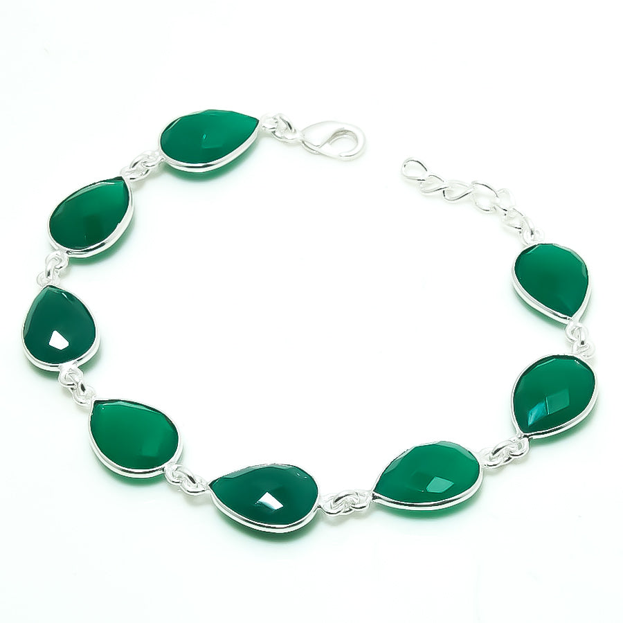 Natural Green Onyx Charm Bracelet | 925 Sterling Silver Adjustable Chain | May Birthstone | Pear Shape Onyx | Root Chakra