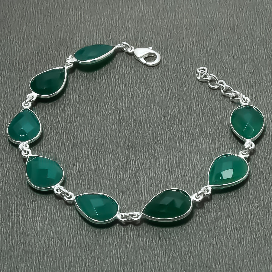 Natural Green Onyx Charm Bracelet | 925 Sterling Silver Adjustable Chain | May Birthstone | Pear Shape Onyx | Root Chakra
